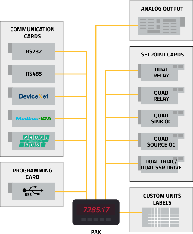 Field Installable Option Cards
Red Lion’s PAX meters offer the capability to add and change option cards as your application and communications requirements change. This field-upgradeable solution offers the perfect alternative to competitive meters that force you to order a new meter every time conditions change. In other words, PAX meters save you money and reduce downtime.